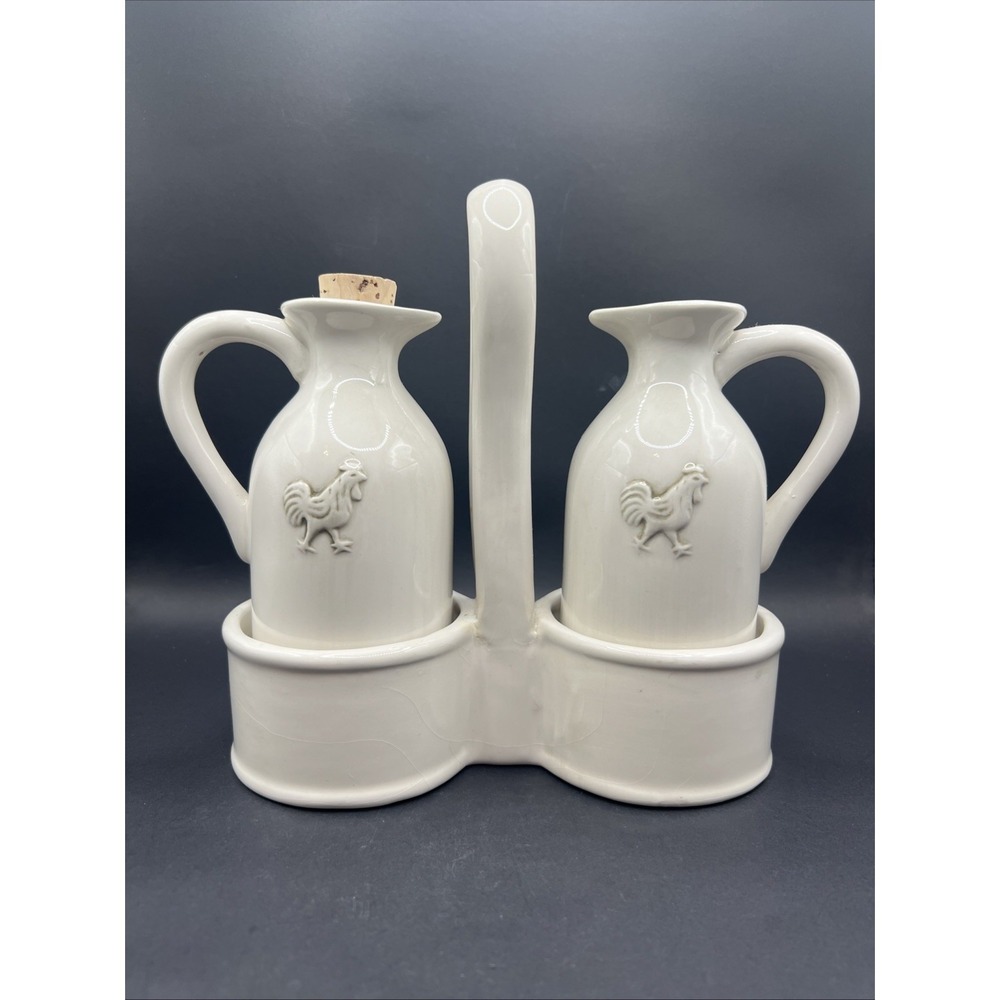 I Godinger Co Provence White Rooster Oil Vinegar Cruet Set Ceramic Caddy Tray